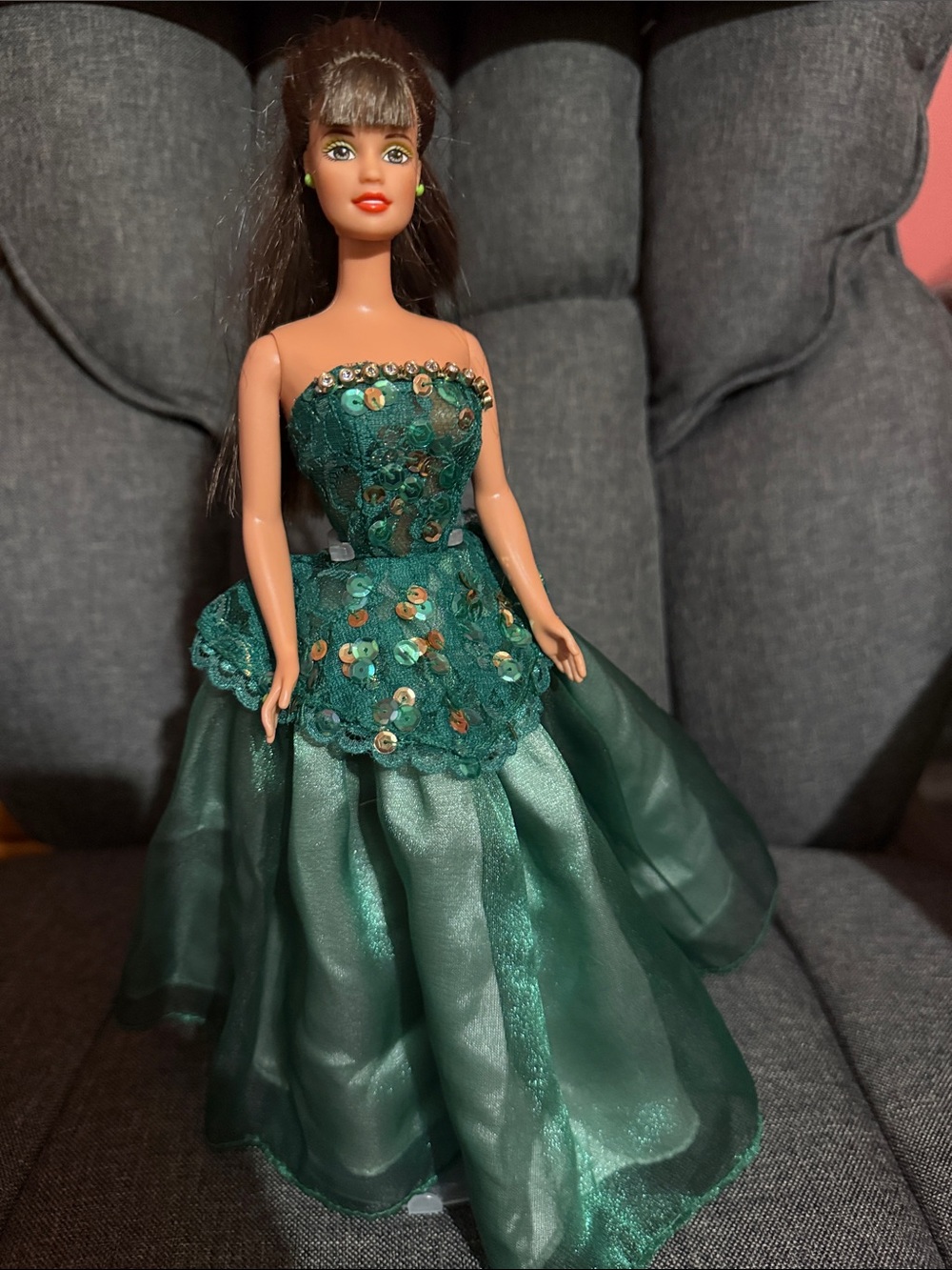 BeautifulBrunette Barbie Doll in gorgeous, sparkling Green Sequin Lace Ball Gown - Picture 6 of 8